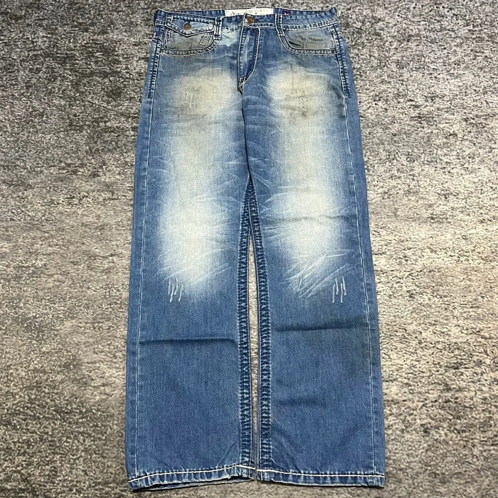 Akoo Jeans Mens 36x32 Blue Embroidered Denim Flap Pockets Streetwear Vintage Y2K